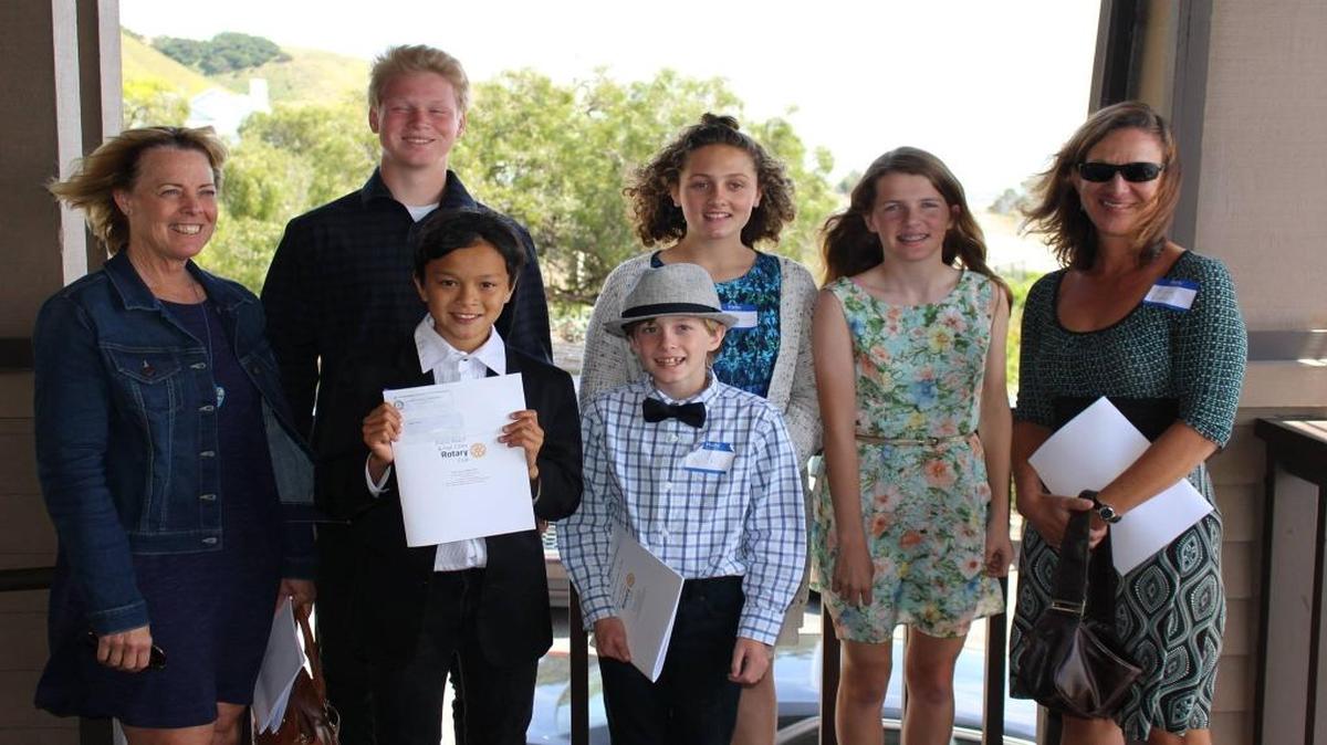 Five students from Coastal Christian School were winners in the Pismo Beach/Five Cities Rotary Club essay competition. From left are teacher Misty Sano; contest winners, back row, Tyler Malley, Alexis Waltz, Astrid Leighton; and front row, Jared Holland, Nicholas York; and teacher Alison Limon.