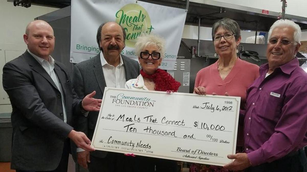 Pictured are Community Foundation Grants Manager Len Smolburd, Meals That Connect (MTC) board members Katcho Achadjian and Anita Shower, MTC grants writer Juliane McAdam, and Executive Director Elias Nimeh at the presentation of check in the amount of $10,000.