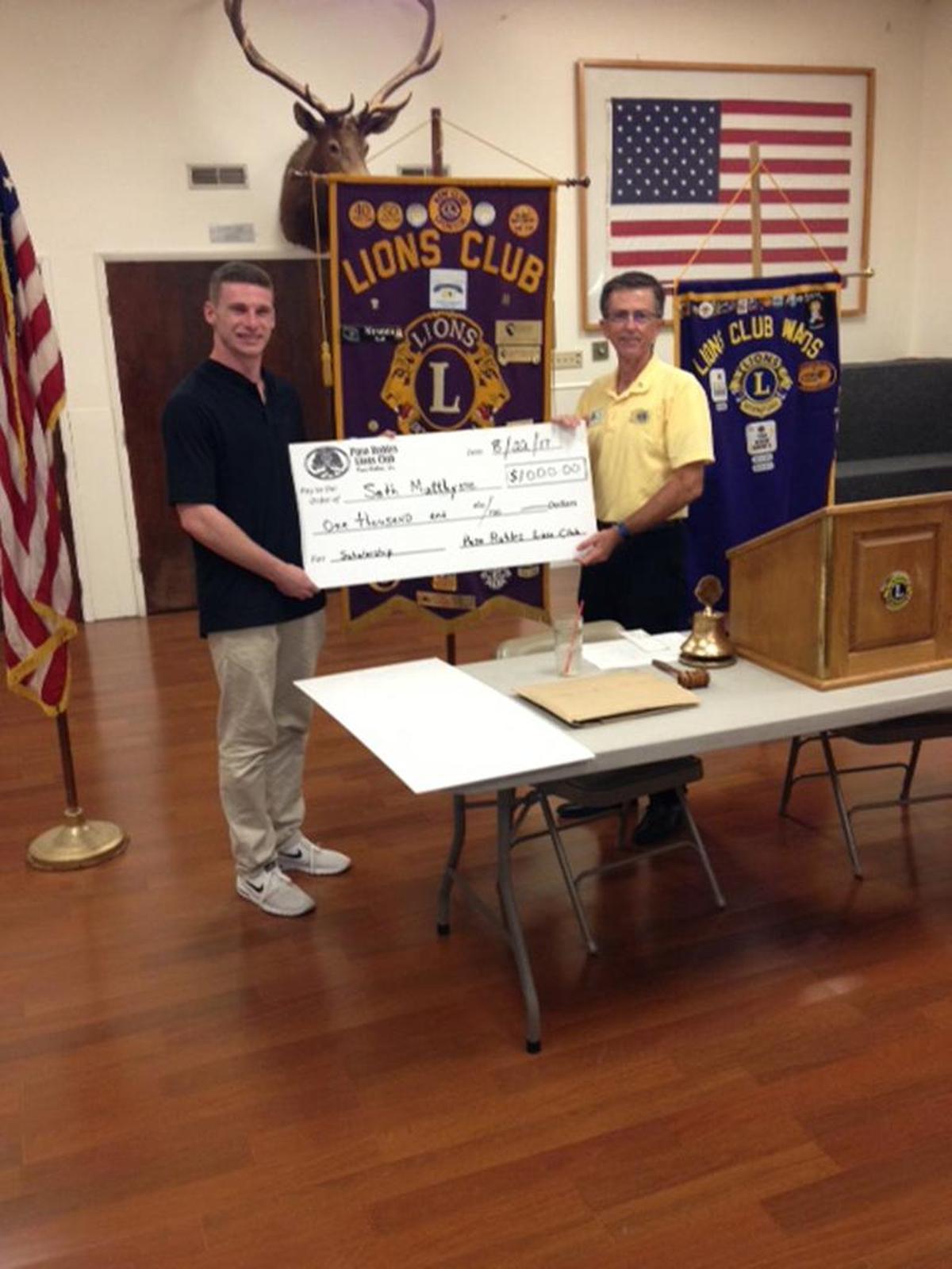 Pictured with Paso Robles Lions Club President Mike Milby is Seth Matthysee, left, who was awarded a $1,000 scholarship. Seth received the award for academic achievement and plans to attend Redlands University. Seth is a recent graduate of Paso Robles High School.