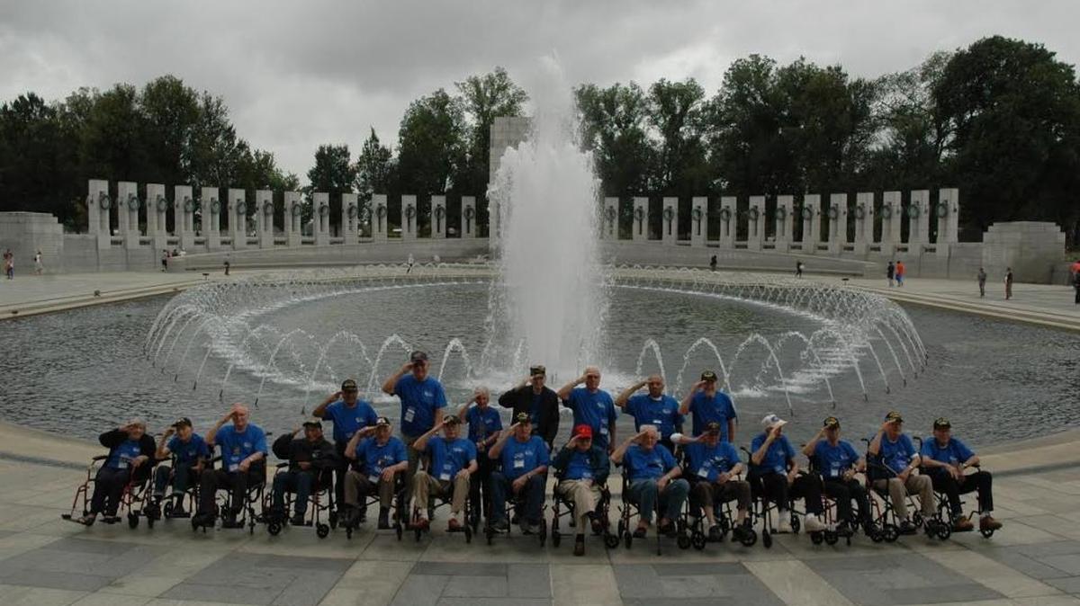 Honor Flight Central Coast California recently flew World War II and Korean War veterans and their guardians, pictured at the WWII Memorial, to Washington, D.C., to visit their memorials.