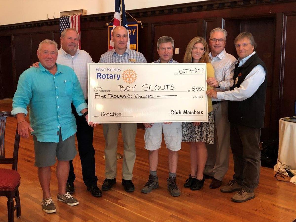 The Boys Scouts recently received a $5,000 donation from the Paso Robles Rotary Club. From left, Patrick Sayne, Lars Jorgensen, David Athey, Kermit Komm of the Boy Scouts, Jennifer Idler, Rick Goree and John Hamon accept the donation.