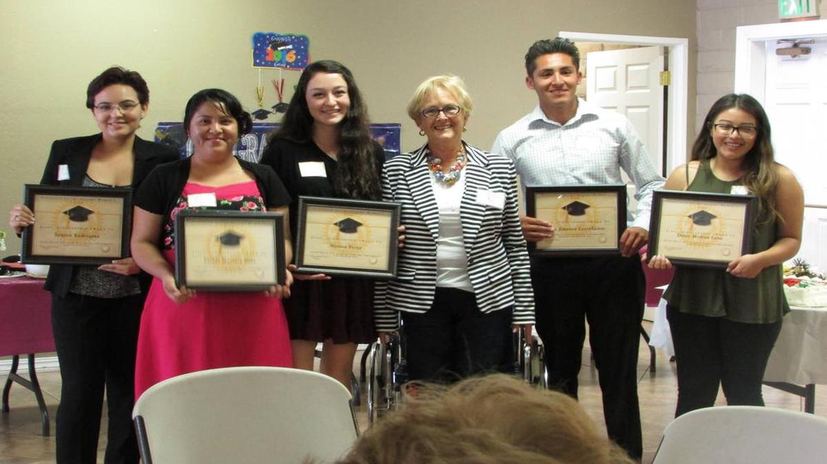 The Women’s Club of Nipomo recently awarded $6,000 in scholarships to graduating seniors from Nipomo High School and Nipomo New Tech High School and two Allan Hancock students from Nipomo. From left are Nyessa Perez, Sarahi M. Diaz, Sydnee Rodriquez, Women’s Club member Mary Steel, Jesua Jimenez and Daisy Medina-Leon. Recipients Cynthia Ortiz-Corona and Jorge Martinez are not pictured.