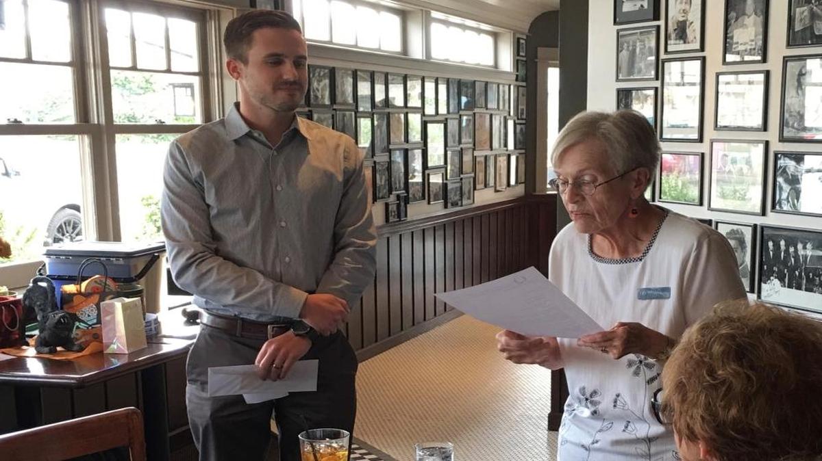 Morro Bay Quotarian Rita McCallum, right, presented a donation from the club for Cuesta College’s College for Kids program. Program director Wes Martin, left, accepted the gift.