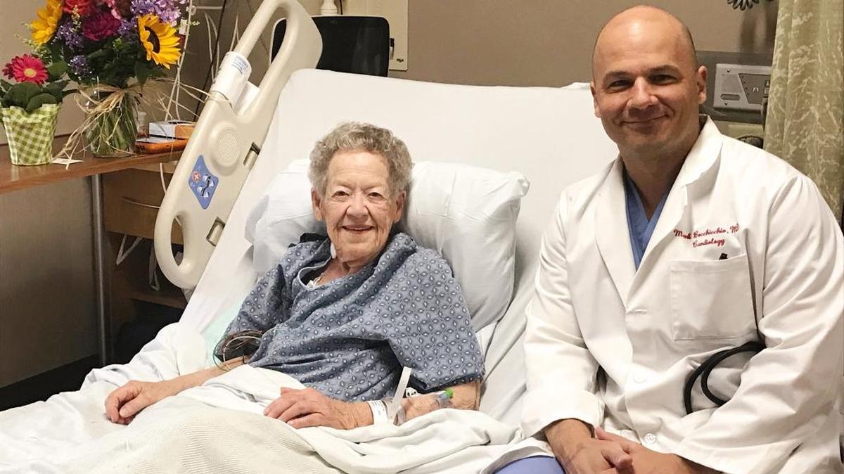 Charlotte Enterline ,left, and her cardiologist Mark Bocchicchio are all smiles after her recent transcatheter aortic valve replacement (TAVR) surgery. She was the 100th patient at French Hospital to have the surgery.