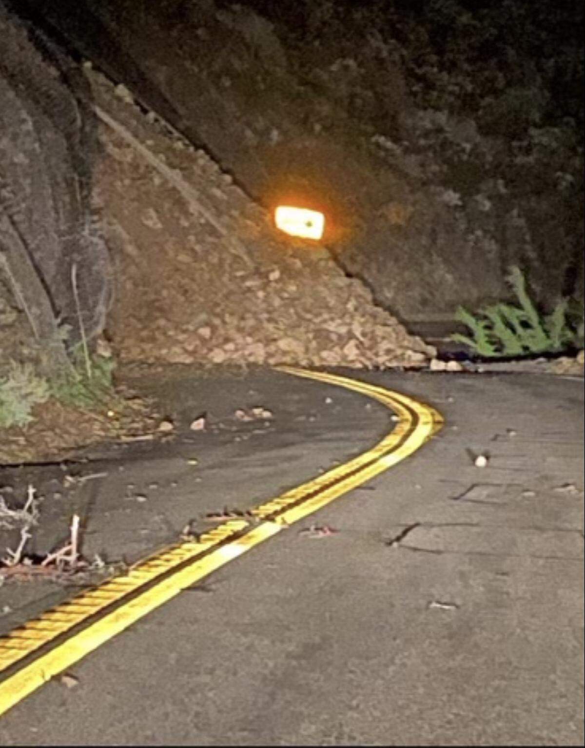 A landslide covers Highway 1 at Polar Star, about a mile south of Ragged Point, on Jan. 5, 2023.