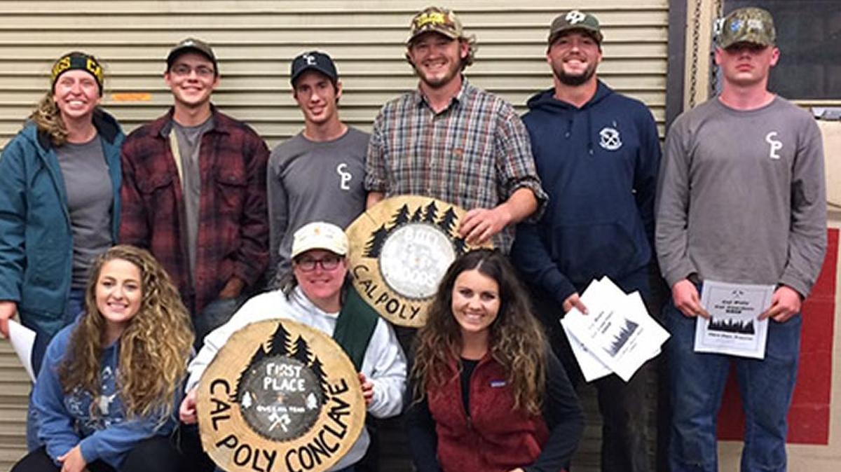 The Cal Poly logging team took first place at the Cal Conclave on Nov. 4. Pictured, from left to right in the top row, is Vanessa Shevlin, Kyle Rozell, Ian Wilson, Will Kraemer, Clark Hunter and Remy Winters. In the bottom row, from left to right, is Erin Delany, Professor Samantha Gill and Rachel Wehrman.