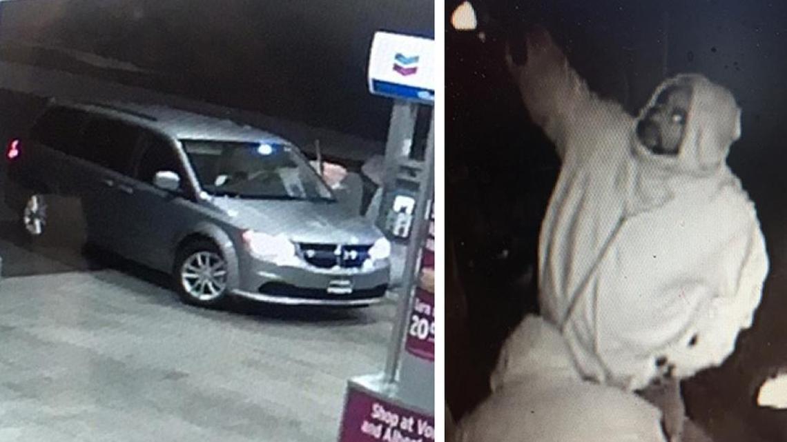 At left: An image taken from surveillance video of the suspects’ vehicle at a gas station near the BevMo in San Luis Obispo, which was burglarized on Tuesday, March 28, 2017. At right: A surveillance photo of a man police suspect of burglarizing the BevMo on Froom Ranch Road in San Luis Obispo.
