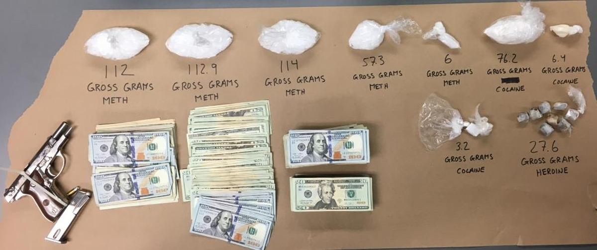 The San Luis Obispo Police Department seized approximately one pound of methamphetamine, a quarter pound of cocaine, an ounce of heroin, more than $9,000 in cash and a loaded gun during a parole and warrant search on Thursday, Aug. 17, 2017.