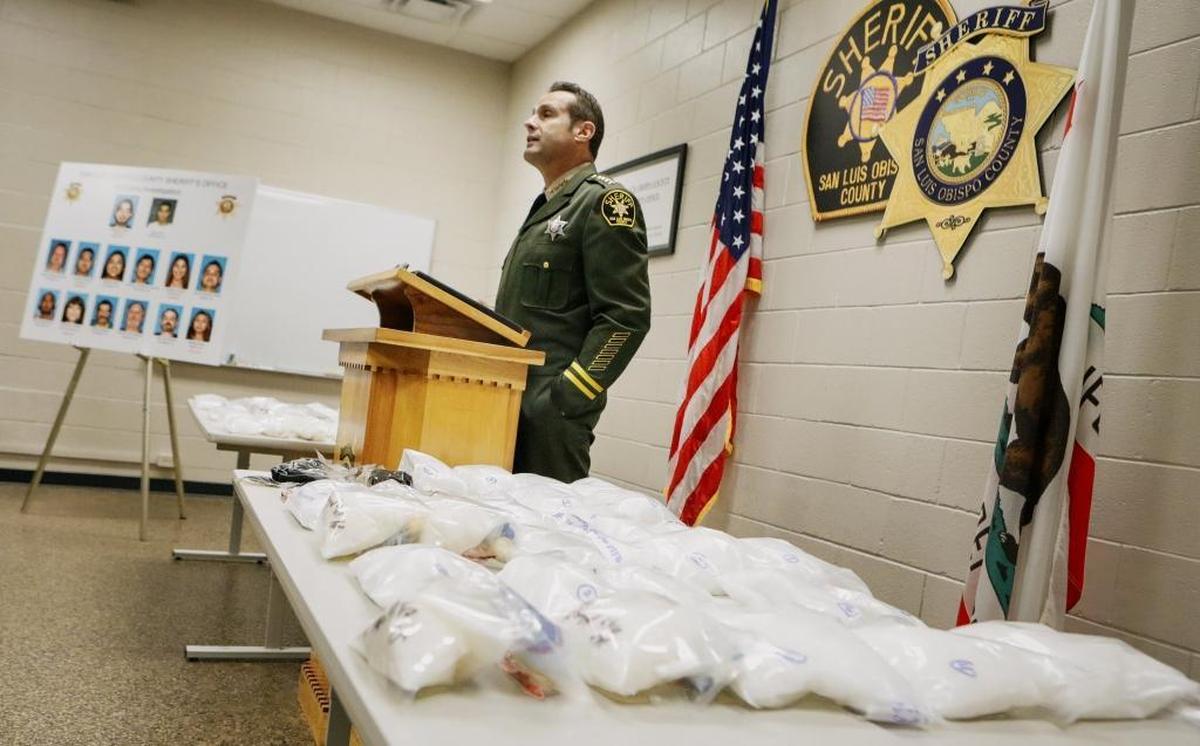 Sheriff Ian Parkinson answers questions during a news conference detailing how the San Luis Obispo County Sheriff's Narcotics Unit arrested members of an alleged drug distribution network and seized 63 pounds of methamphetamine and 3 pounds of heroin worth almost $1 million dollars.
