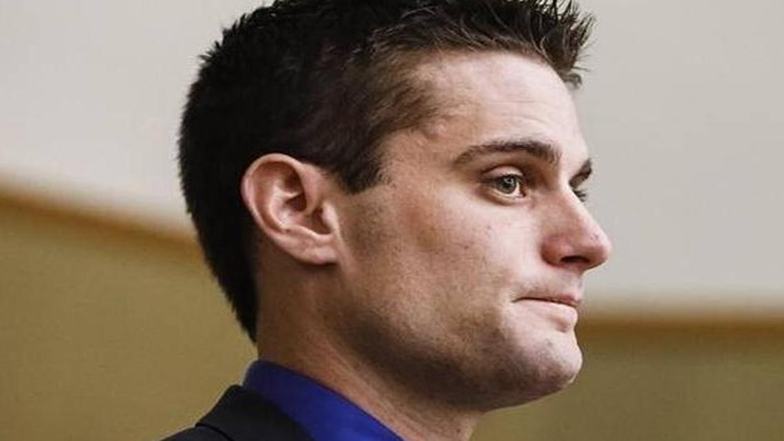 Alex Geiger, 25, appears at a San Luis Obispo Superior Court arraignment in February. He stands accused of failing to maintain control of a dangerous animal, after his Belgian Malinois attacked two neighbors, killing one of them.