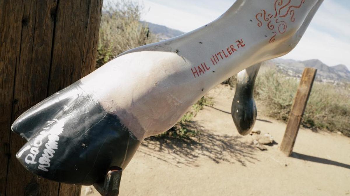 “Moo with a View,” the cow sculpture atop Islay Hill in San Luis Obispo, was defaced with Nazi graffiti last week. The graffiti was removed over the weekend.