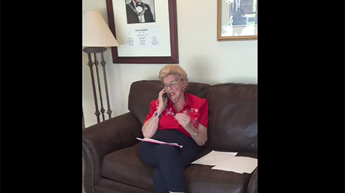 A video screen shot shows Republican activist Edith “Edie” Knight of Atascadero talking on the phone in the lobby of the Elks Lodge on Election Day, June 7, 2016. She is faces two charges of electioneering at a polling place.