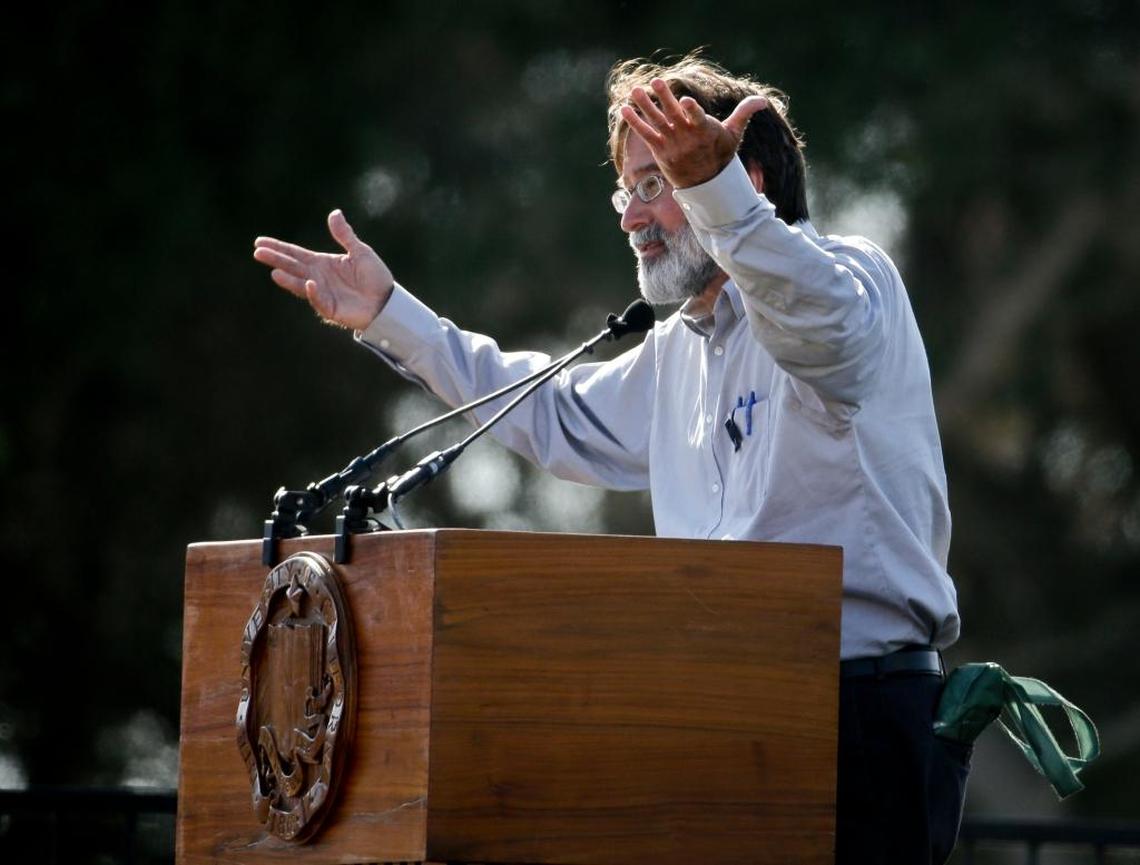 San Luis Obispo County resident Richard Martinez talks about his son Christopher Michaels-Martinez, one of the victims in Elliot Rodger’s killing spree, during a memorial service on May 27, 2014 at UCSB. Since the death of his son, Martinez had dedicated his life to reducing gun violence.