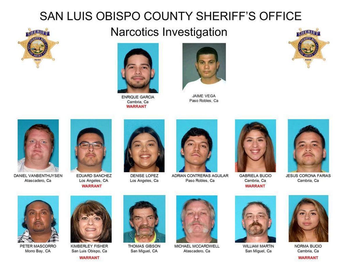 A San Luis Obispo County Sheriff's Office investigation resulted in criminal charges for 14 men and women from throughout San Luis Obispo County on suspicion of drug trafficking.