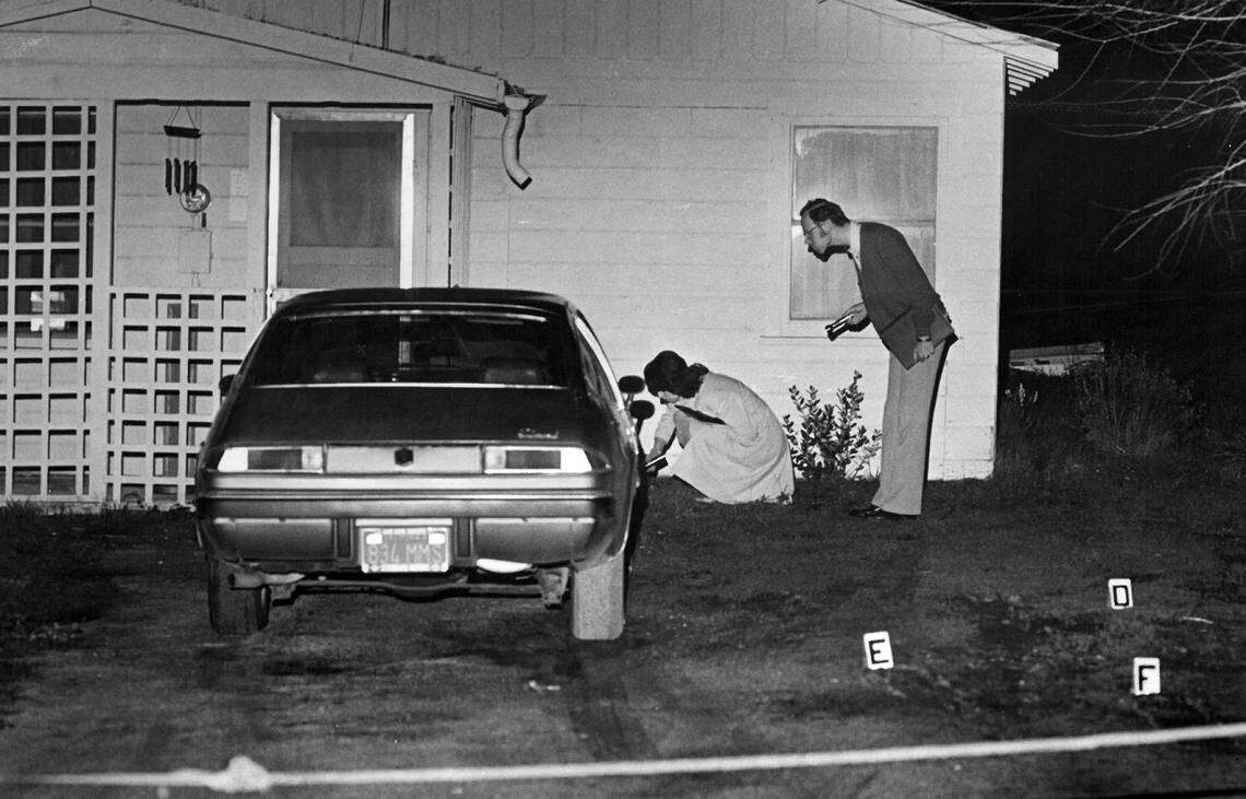 Sandra Rakestraw and Mark Kalchik, criminalists with the state crime lab in San Luis Obispo, check for evidence at the home where an Atascadero woman, Patricia Dwyer, was found slain in 1978. On Wednesday, April 17, 2019, the San Luis Obispo County Sheriff’s Office announced they had identified a suspect, Arthur Rudy Martinez, in the 41-year-old cold case.
