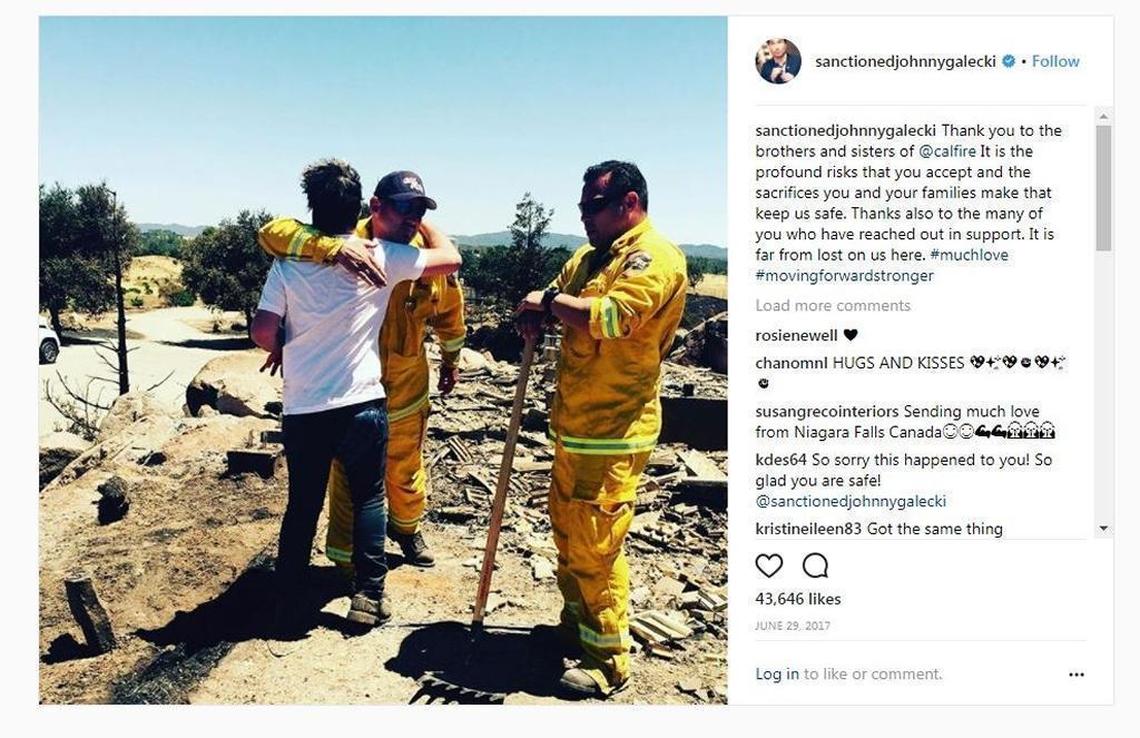 Actor Johnny Galecki posted a picture on Instagram thanking Cal Fire firefighters for their service after he lost his home in last summer’s Hill Fire outside of Santa Margarita.