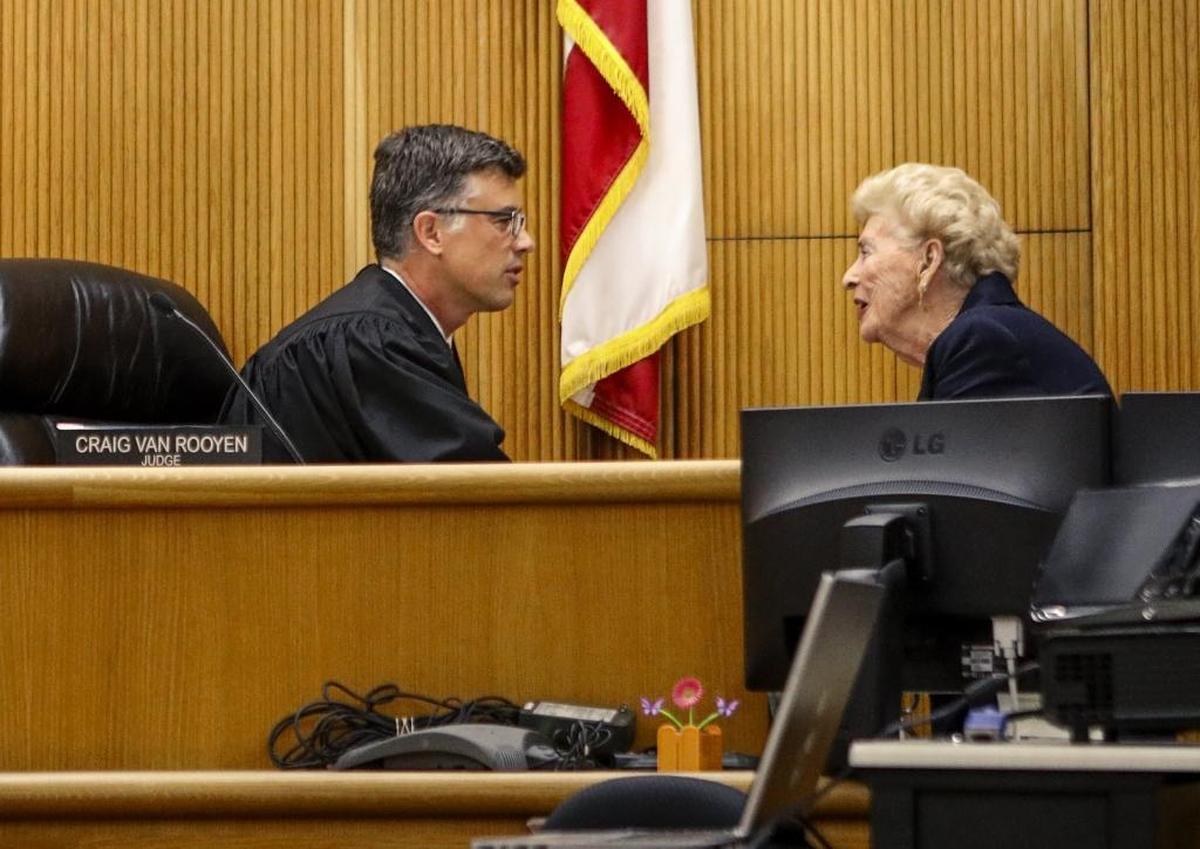 Edith Knight of Atascadero shakes the hand of San Luis Obispo Superior Court Judge Craig van Rooyen in June 2017 after her trial for misdemeanor electioneering at a polling place. Knight, an elected member of the Republican Central Committee, had just been found guilty by a jury and fined $500.