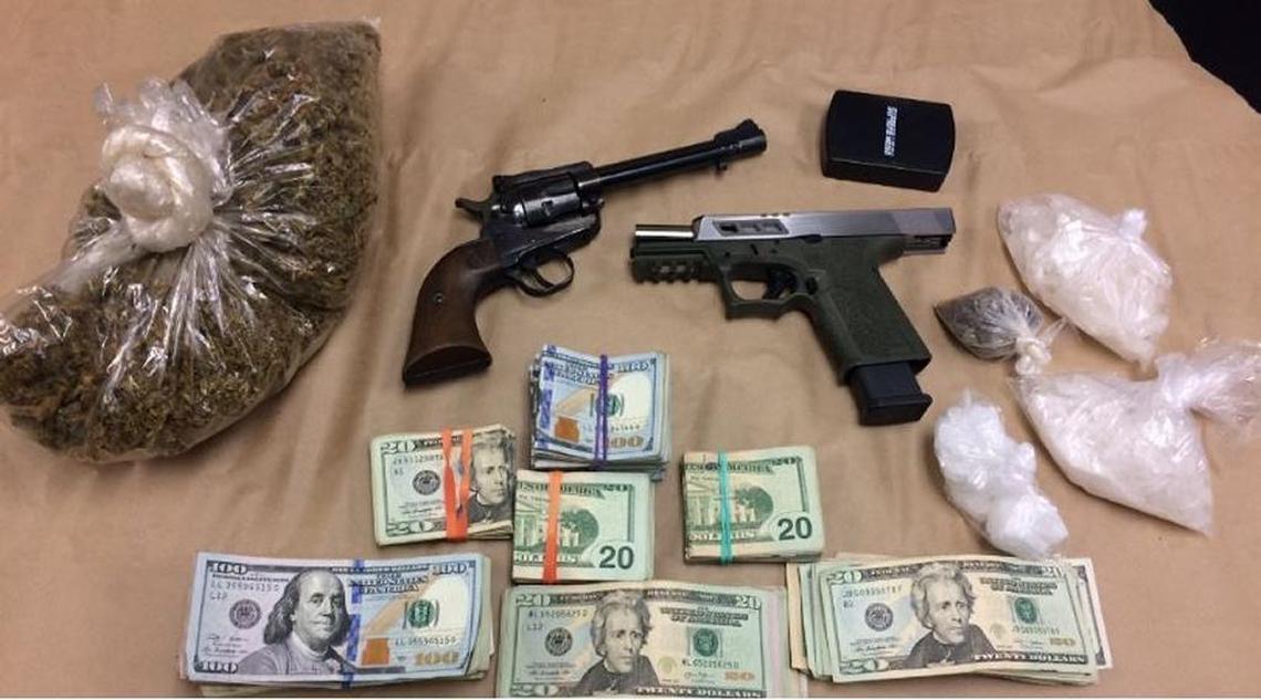 Authorities found two unregistered and non-serialized firearms, high-capacity magazines, 1.5 ounces of heroin, a half-pound of methamphetamine, two pounds of marijuana and $17,500 in cash at the Santa Maria home where a man was arrested last week.