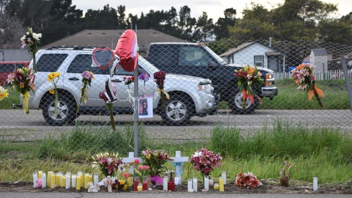 Vehicles drive on Highway 135 in Orcutt where crosses, flowers, statues and candles make up a memorial at the site of a crash near Orcutt Road. One woman died and a second woman was critically injured in the crash suspected to involve a drunken driver.