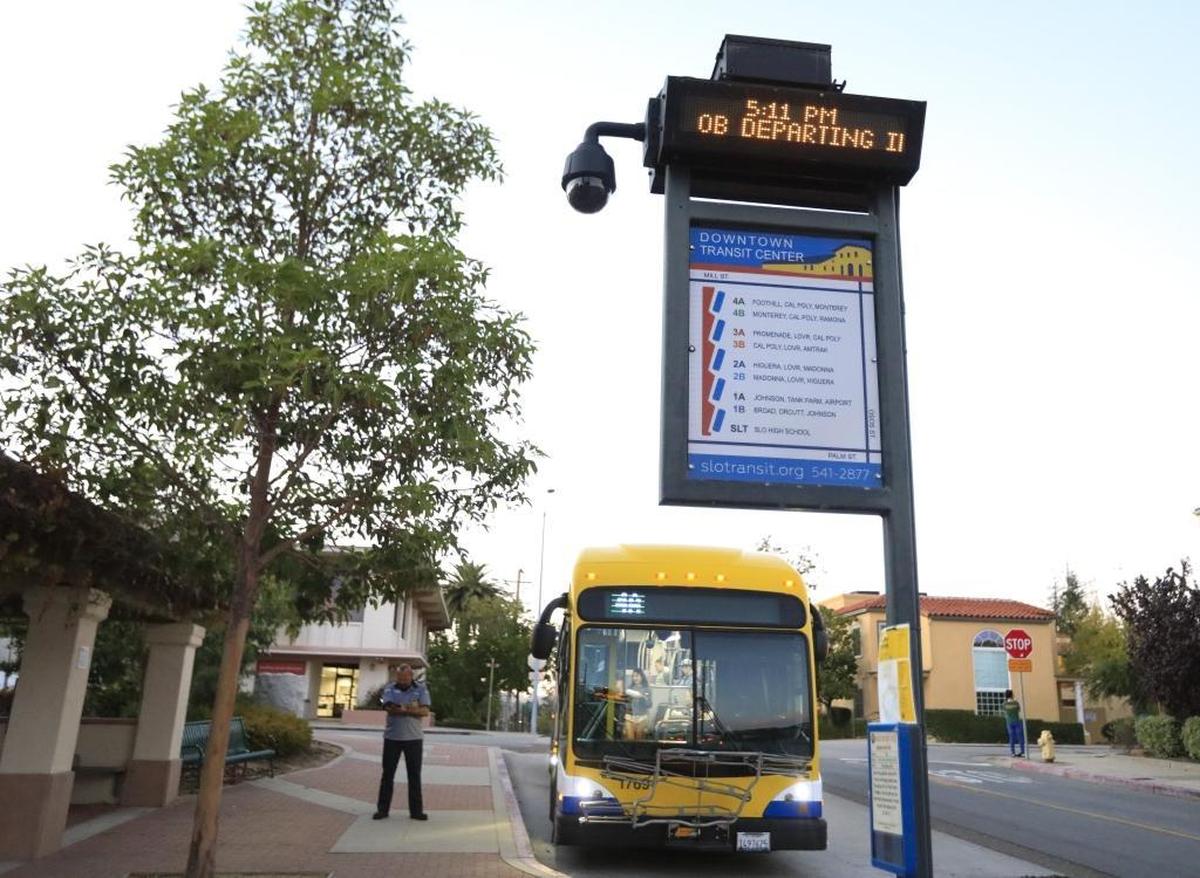 A public security camera monitors activity at San Luis Obispo’s bus transit center on Osos Street. It’s one of nine dispersed throughout the city.