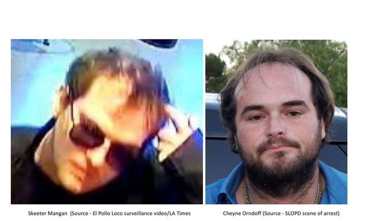 Skeeter Mangan, left, took SLO Police Chief Deanna Cantrell’s gun after finding it in a bathroom stall at El Pollo Loco in San Luis Obispo on July 10, 2019. Cheyne Orndoff, right, of San Luis Obispo was identified as a suspect, even though he had a beard at the time and Mangan didn’t. Police conducted a warrantless search of Ordnoff’s home before realizing the mistake. Orndoff entered a no contest plea in the case Tuesday.