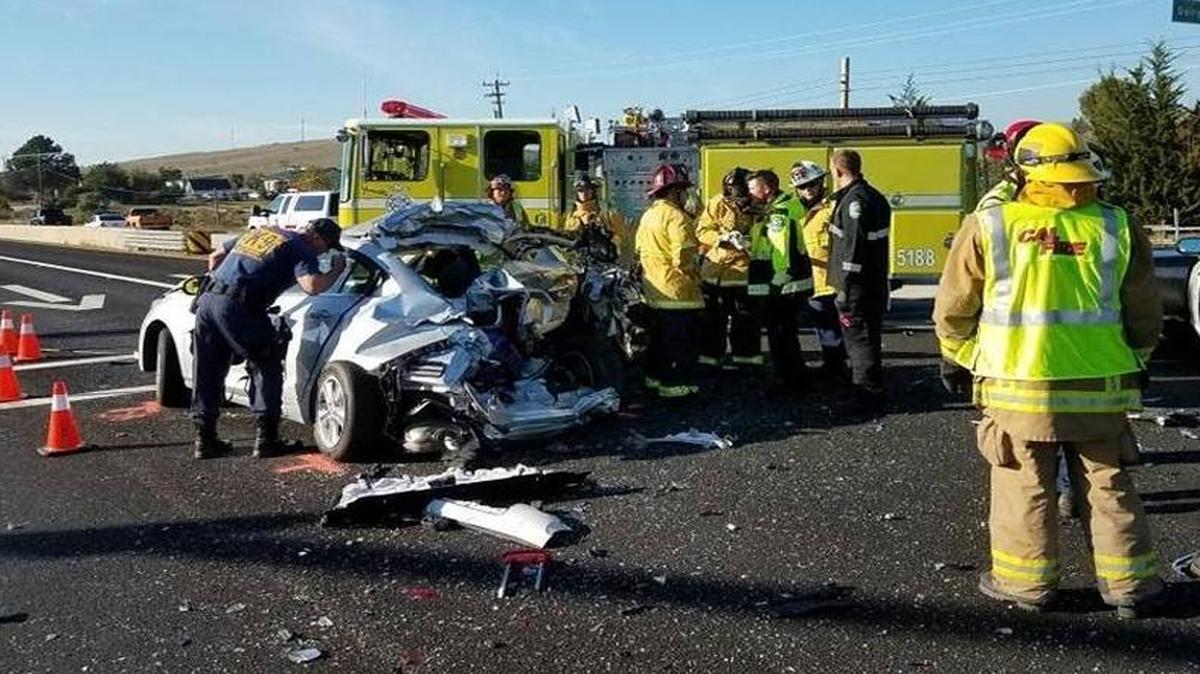 Cal Fire crews respond to the scene of a fatal vehicle collision on Highway 1 near Cuesta College on Nov. 9, 2016. Bernadette Brasacq-Ettcheverry, 85, of Biscarrosse, France, was killed in the crash.