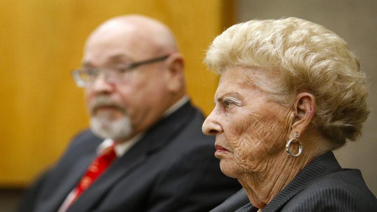 Edith “Edie” Knight of Atascadero listens with defense attorney Ilan Funke-Bilu on Wednesday during her trial for misdemeanor electioneering at a polling place.