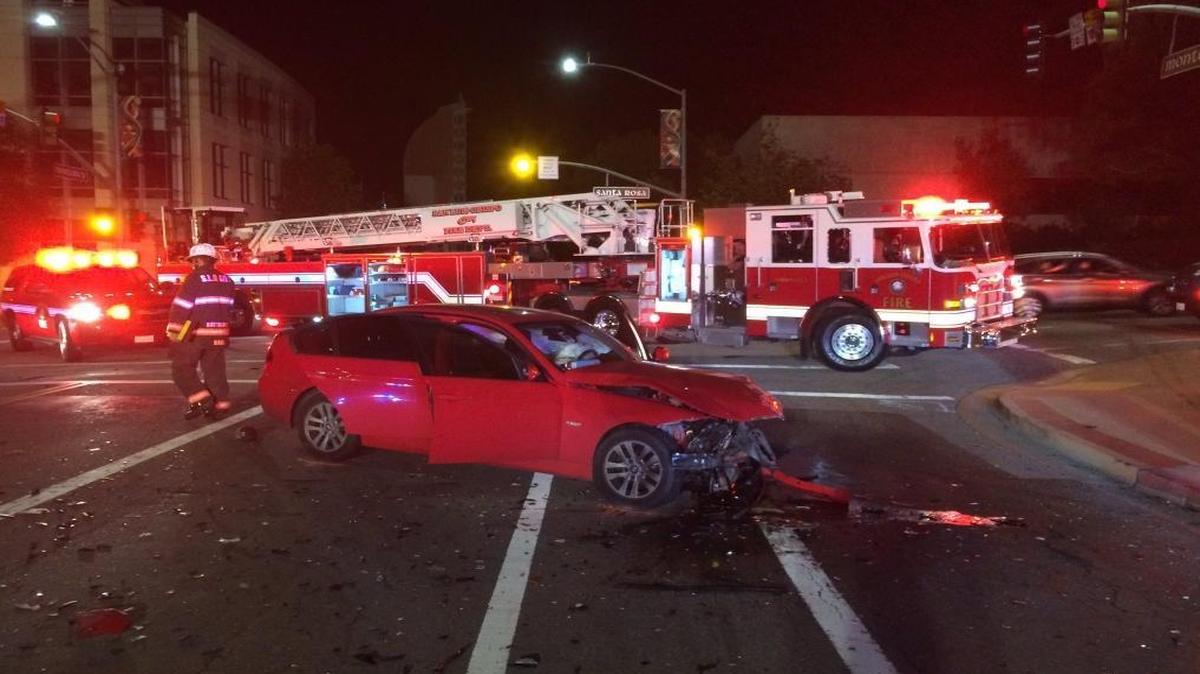 Four people were injured in a two-car collision early Saturday in downtown San Luis Obispo. One driver was arrested on suspicion of felony driving under the influence, police said.