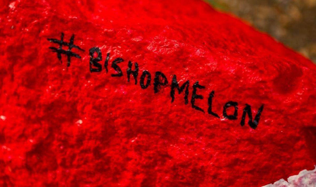 A rock along the Bishop Peak trail near Highland Drive has been painted to look like a slice of watermelon, complete with the hashtag #bishopmelon.