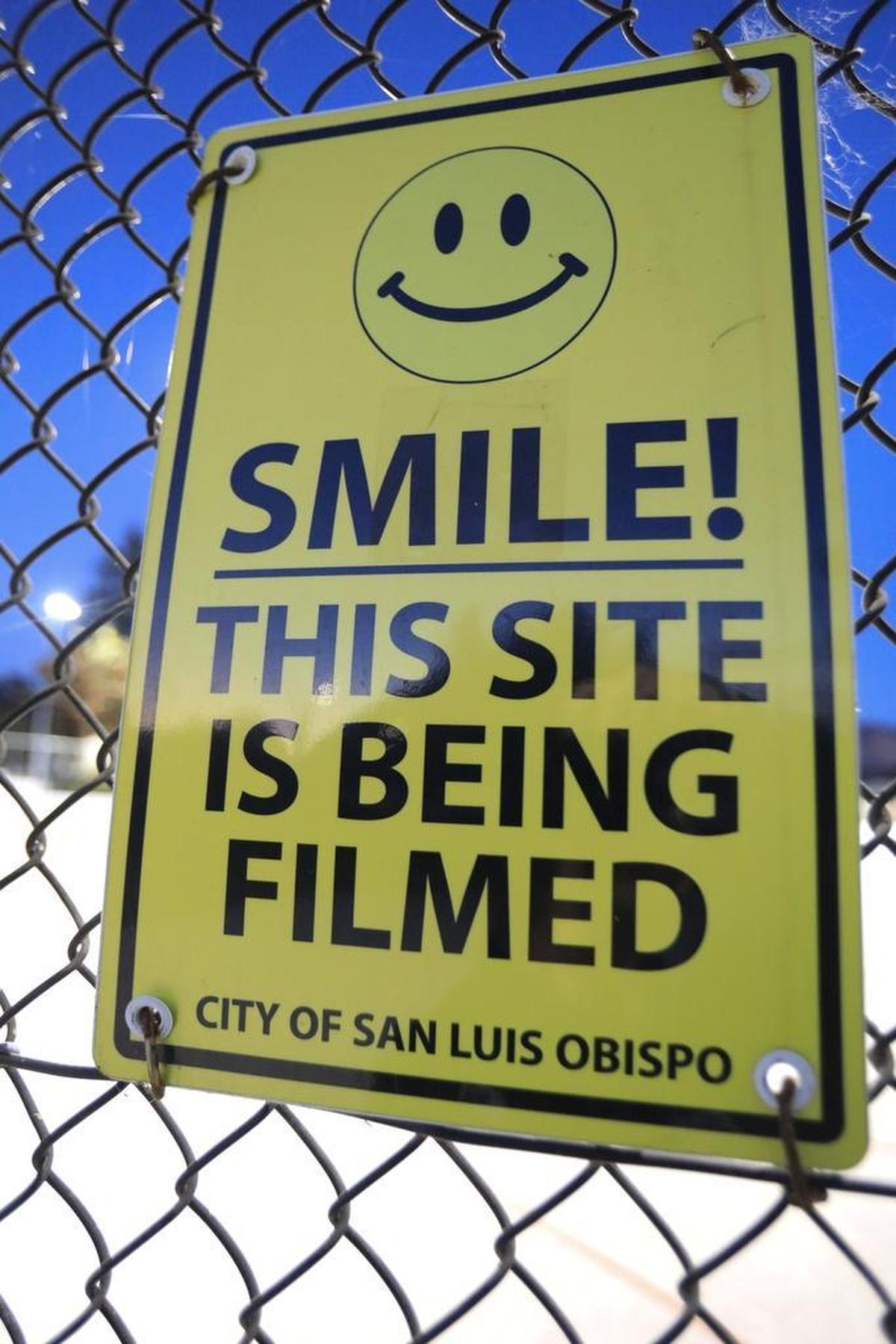 One of San Luis Obispo’s public safety cameras is located at the skate park, as noted by this playful sign.
