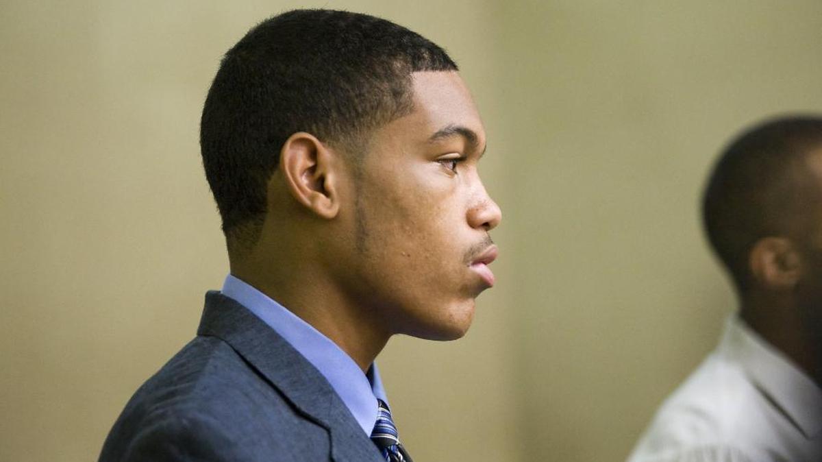 Cameron Marcel Akins, one of five Cal Poly football players arrested in connection with an attempted armed robbery at the Delta Sigma Phi fraternity house, appears in court Monday, Aug. 25, 2014, in San Luis Obispo.