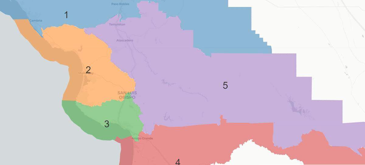 Plan C contains significant changes to San Luis Obispo County supervisorial districts. It completely removes the city of San Luis Obispo and Cal Poly from District 5. As a result, it expands District 5 into Districts 1, 3 and 4. To balance the populations, the map expands District 1 into District 2, which would move Cambria into a different district. 