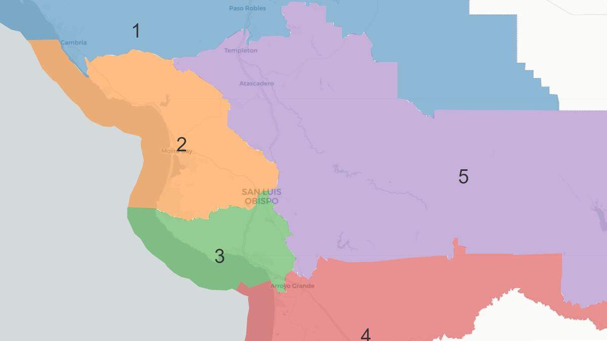Plan C contains significant changes to San Luis Obispo County supervisorial districts. It completely removes the city of San Luis Obispo and Cal Poly from District 5. As a result, it expands District 5 into Districts 1, 3 and 4. To balance the populations, the map expands District 1 into District 2, which would move Cambria into a different district.