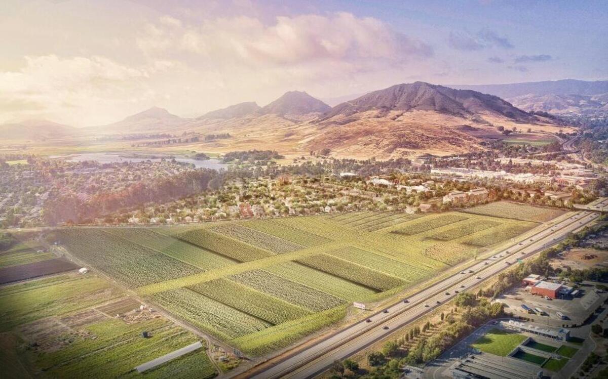 This rendering offers a bird’s eye view of the proposed San Luis Ranch project bordering Madonna Road and Oceannaire Drive in San Luis Obispo.