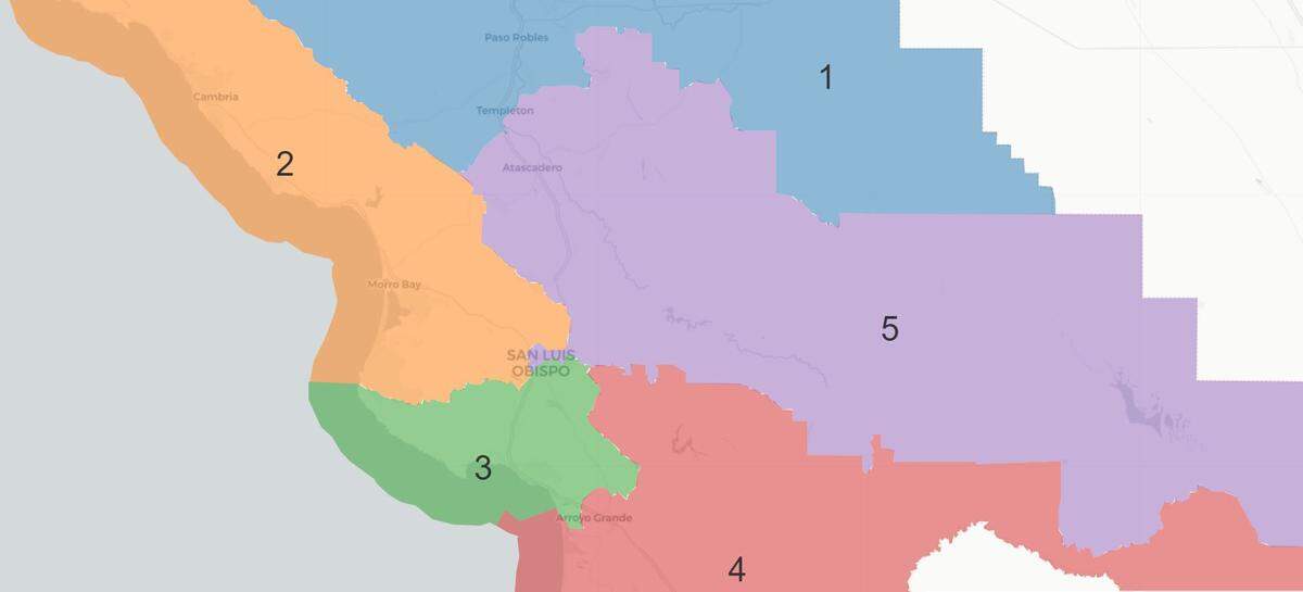 The Plan A map would mostly maintain current San Luis Obispo County supervisorial districts, with only minor changes to accommodate updated Census block boundaries. 