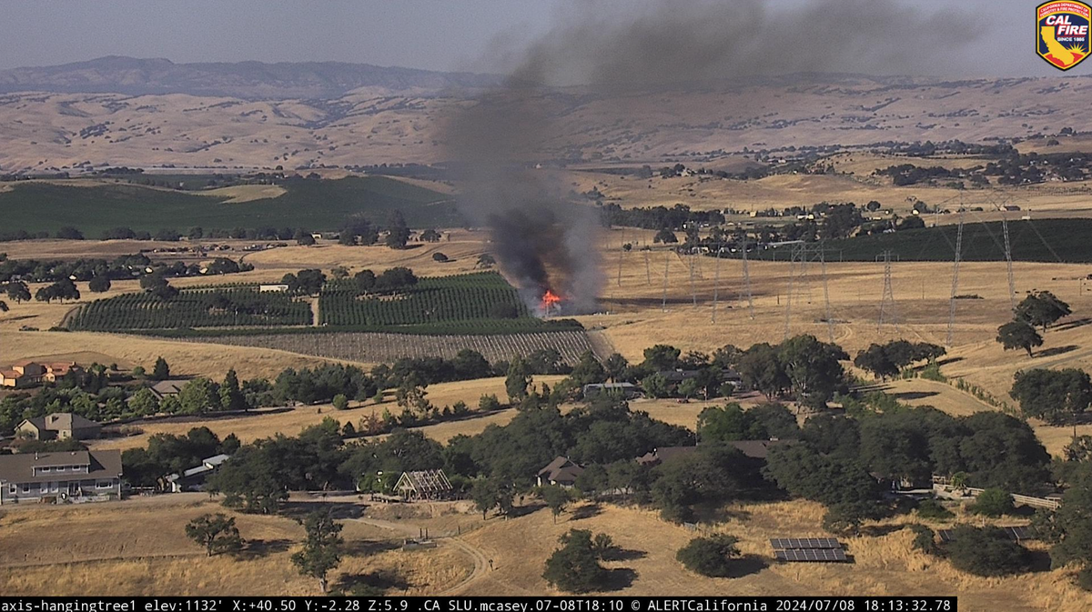 A fire burns vegetation off Creston Road in Paso Robles on Monday, July 8, 2024.