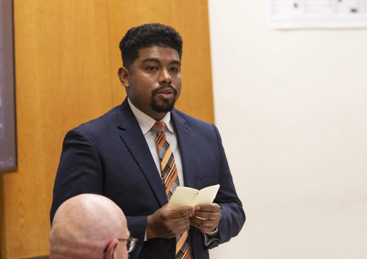 Daniel Saligan Patricio, 24, apologizes to the victims’ families at his sentencing on April 9, 2024, in San Luis Obispo County Superior Court. Saligan Patricio admitted to striking Matthew Chachere, 39, and Jennifer Besser, 36, with his car on Nov. 21, 2022, and was given more than five years in prison.