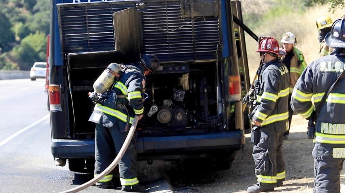 Firefighters put out an engine compartment fire in a tour bus near the top of the Cuesta Grade on the northbound side Saturday afternoon. The fire was quickly put out by firefighters.