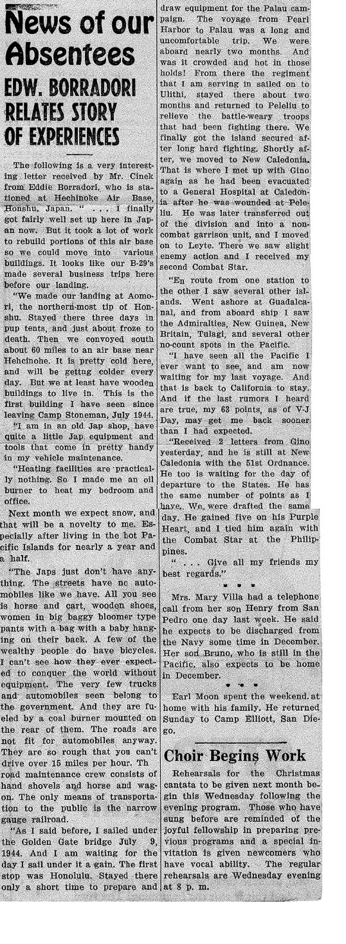 A clipping in a book bought on EBay and shipped to a historian in Japan has shed some light back home on the World War II experiences of Edward “Eddie” Borradori of Cayucos.