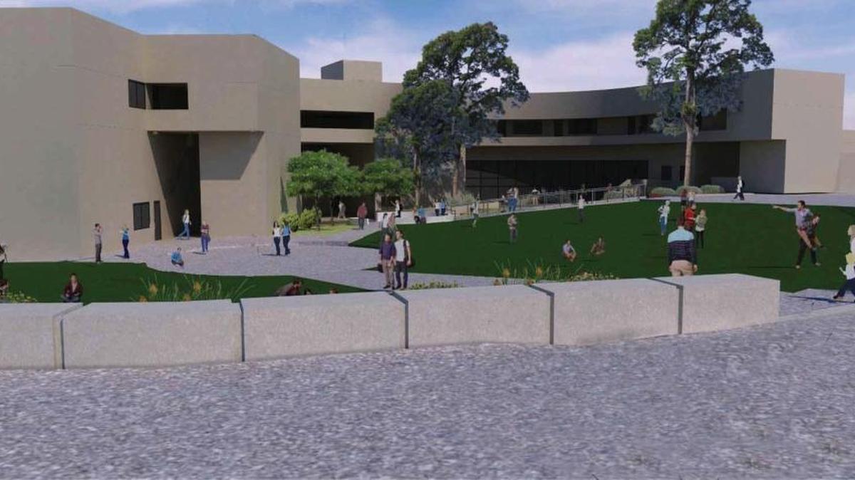 A proposal calls for demolishing Atascadero High School’s old “B” building near the administration building and replacing it with a plaza that features concrete wall seating.