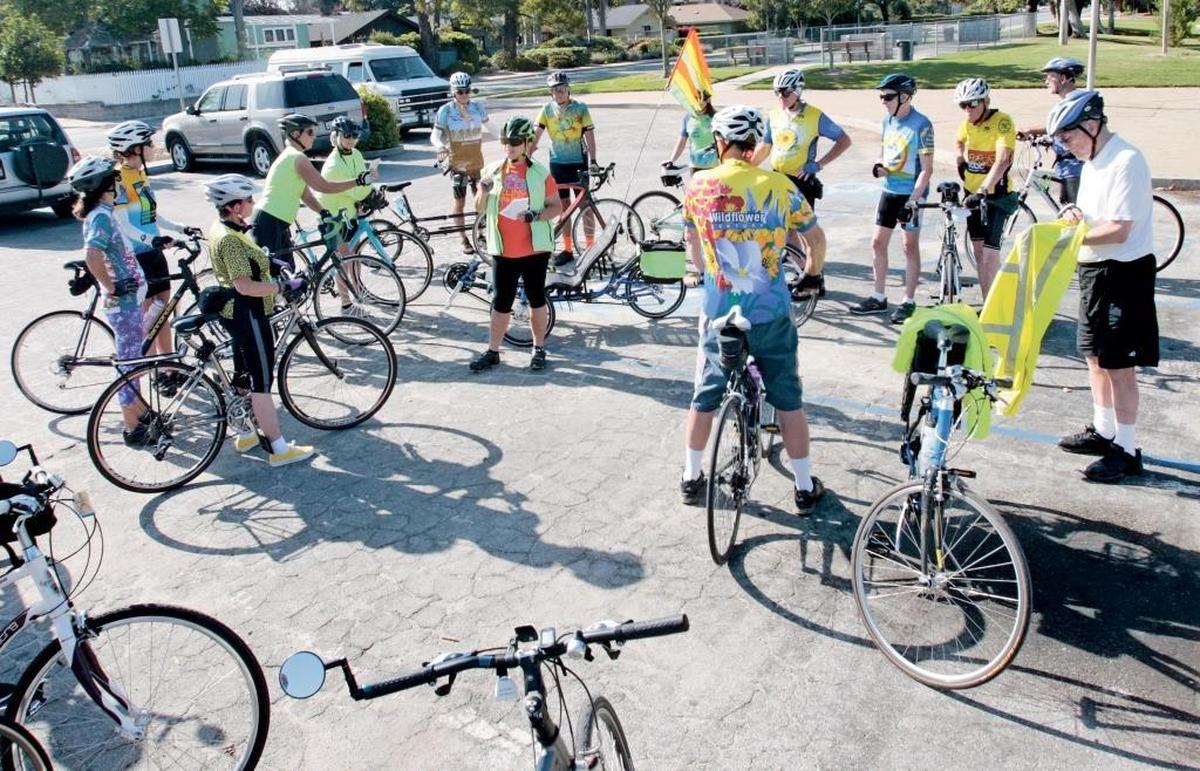 Members of the Tortoise group of the SLO Bicycle Club prepare to depart Meadow Park for a ride in July 2015.