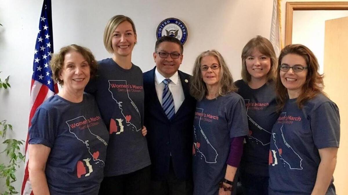The five co-founders of Women’s March San Luis Obispo with Rep. Salud Carbajal in January 2017. From left to right: Pat Harris, Andrea Chmelik, Rep. Salud Carbajal, Terry Parry, Jen Ford and Dawn Addis. Addis attended President Donald Trump’s State of the Union address on Tuesday, January 30, 2018, in Washington, D.C.