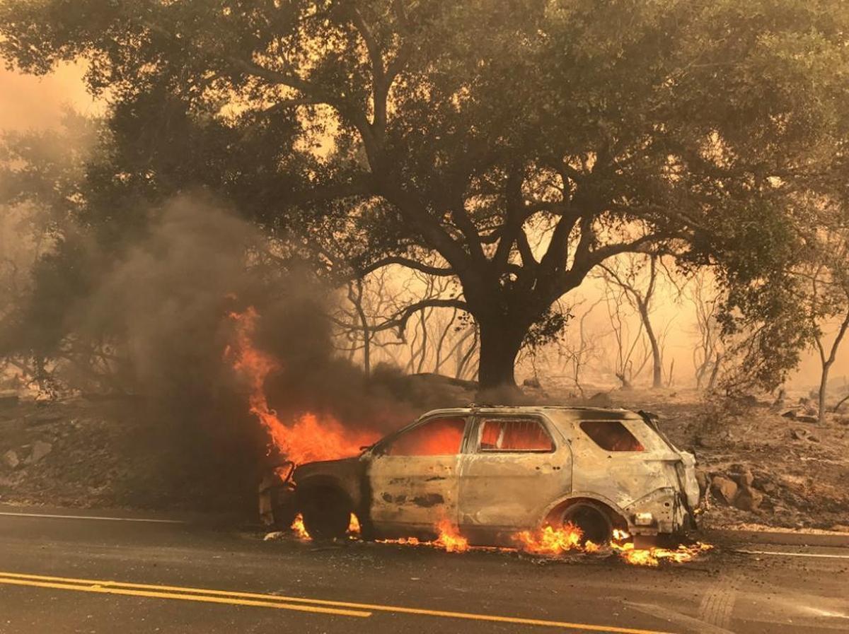 A Santa Barbara County Sheriff’s Office vehicle burns on Highway 154 east of Cachuma Lake. The deputy was not hurt, according to Mike Eliason of the Santa Barbara County Fire Department.