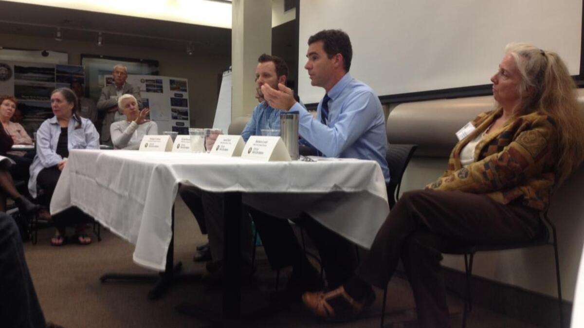 San Luis Obispo’s deputy director of utilities, Aaron Floyd, answers questions from the public at Thursday’s community water forum.