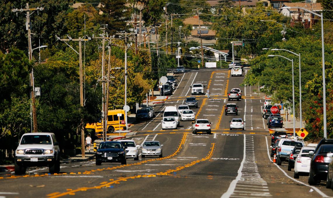 Street safety improvements have been completed along Laurel Lane in San Luis Obispo. They include reducing the crossing distance for pedestrians by more than 10 feet and removing a travel lane so pedestrians only cross three legs of traffic rather than four.