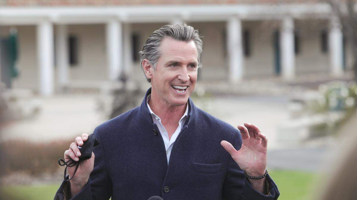 California Gov. Gavin Newsom speaks at a news conference at Cuesta College in San Luis Obispo. Newsom will attend a ceremony celebrating the reopening of Highway 1 near Big Sur following a mudslide.