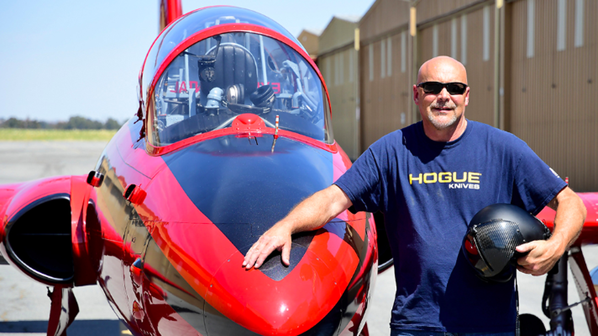 Pilot Aaron Hogue of Paso Robles with the company’s L-29 Ballista racing jet. Hogue was killed on Sunday, Sept. 18, 2022, when his plane crashed during the 2022 Reno Air Races.