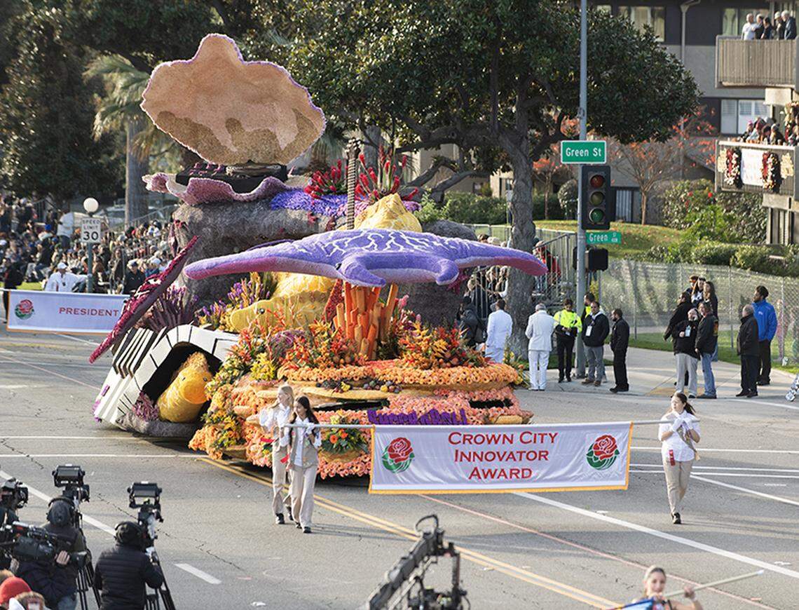 Cal Poly’s float won the Crown City Innovator award on Monday at the 135th annual Rose Parade in Pasadena, for its “rockin’ swim party” theme featuring sea creatures playing instruments.