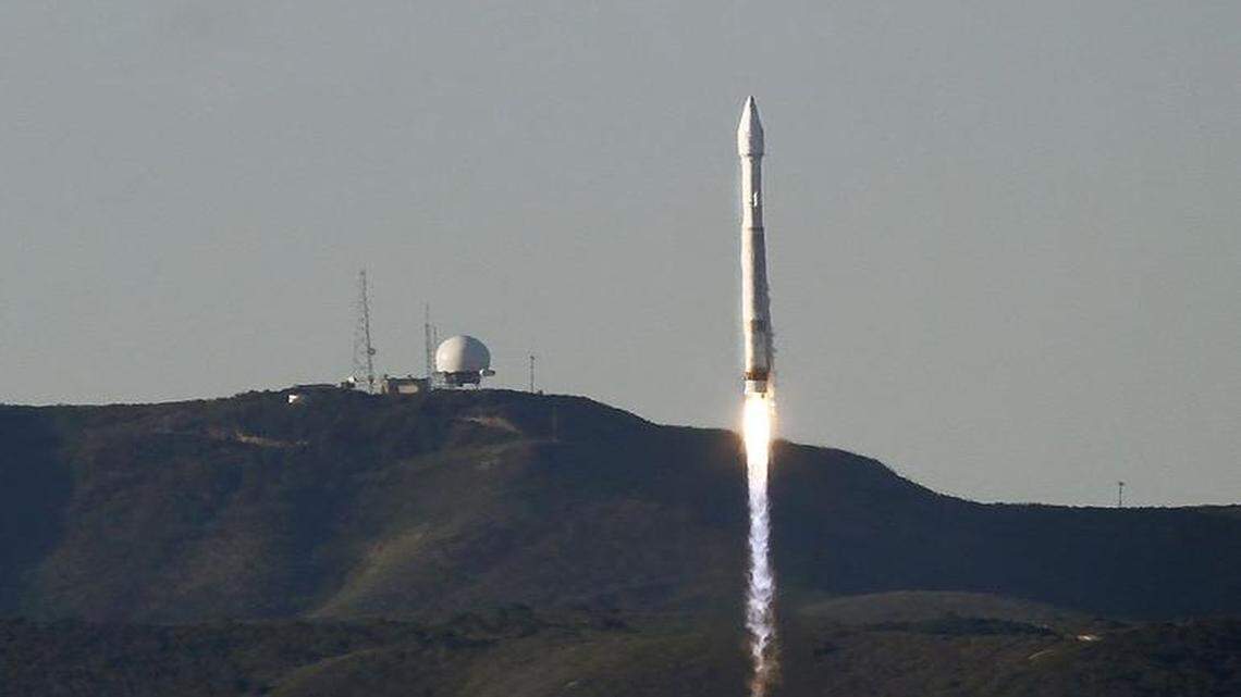 An Atlas V rocket is launched at Vandenberg Air Force Base on Thursday, April 3, 2014. Technical troubles led crews to scrub the Atlas V rocket launch of a commercial satellite Sept. 16.