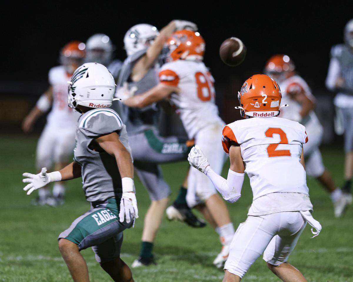 Tyson Tenhaeff, 2, intercepts a pass. Atascadero beat Templeton 10-7 on a field goal with less than two seconds on the clock.